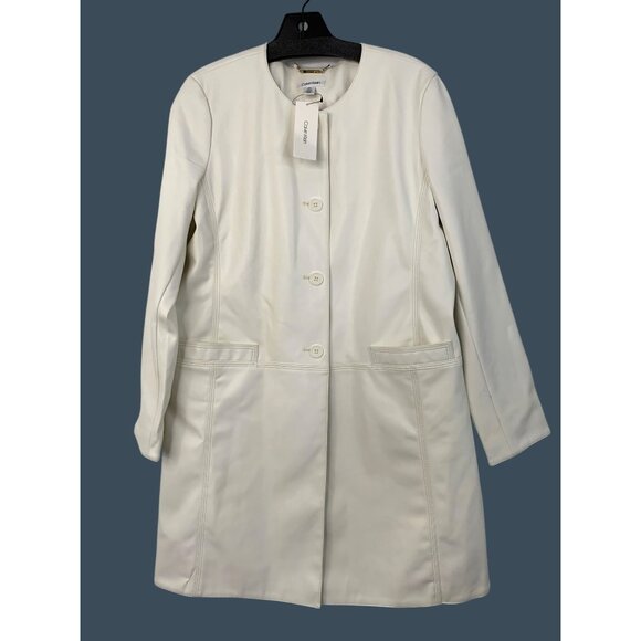Calvin Klein Womens Alabaster Faux Leather Coat M Button Long Sleeve Lined $160 - Picture 2 of 8